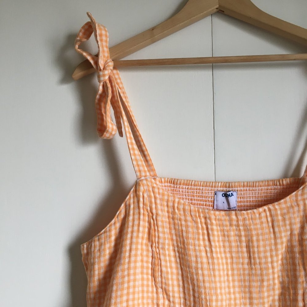 Old Navy NWT 100% Cotton Orange Gingham Smocked Tie Shoulder Tank Large - Picture 5 of 16